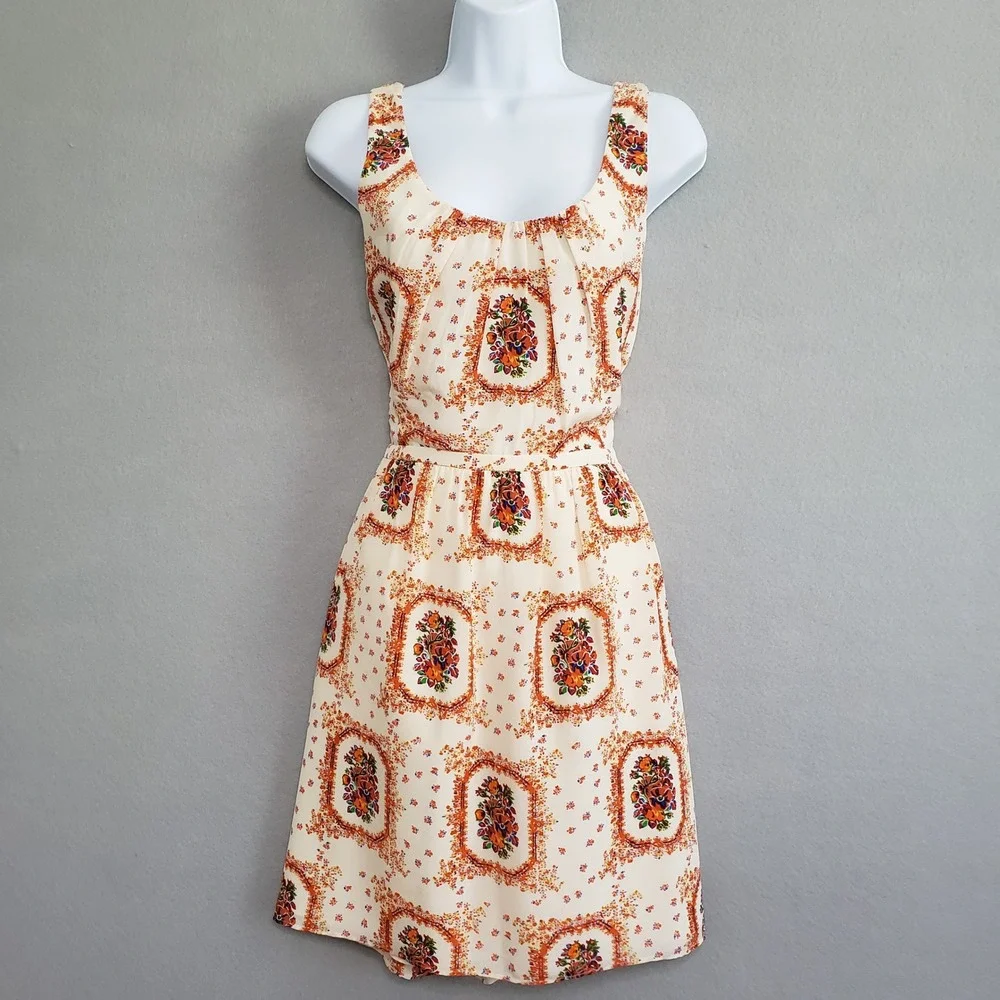 Madewell 2 100% Silk Mini Dress Cream Floral Medallion Boho Sleeveless - Picture 1 of 13